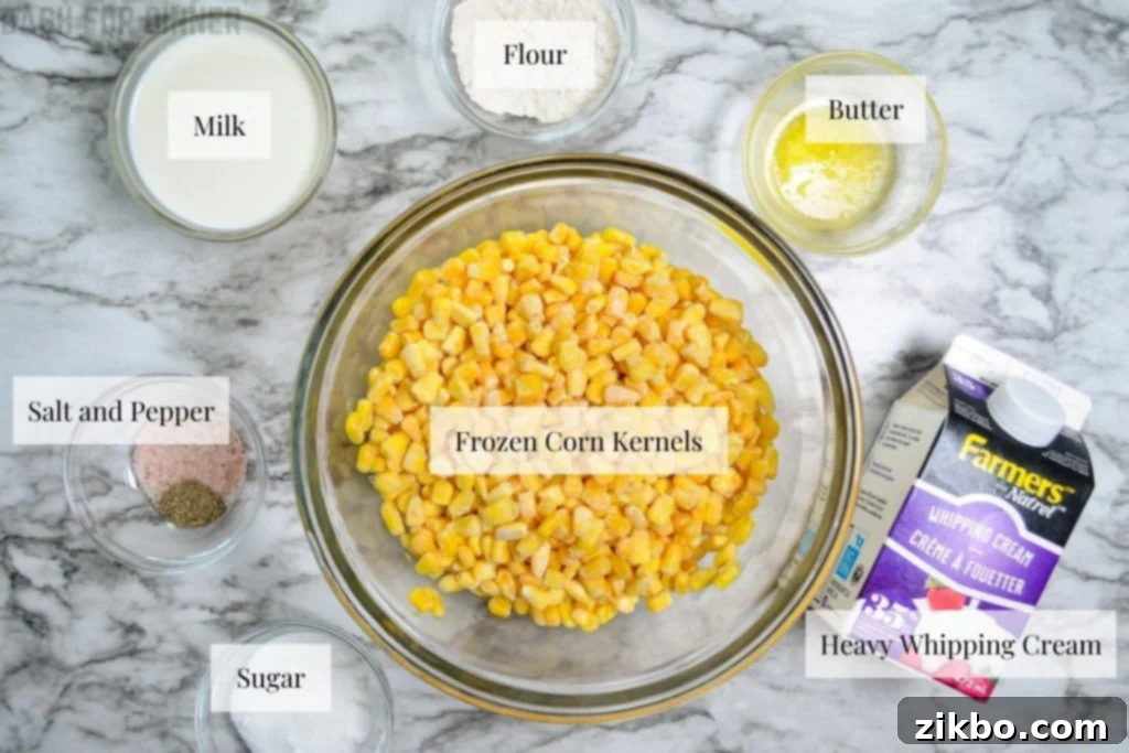 Key ingredients neatly laid out for making creamy Instant Pot creamed corn.