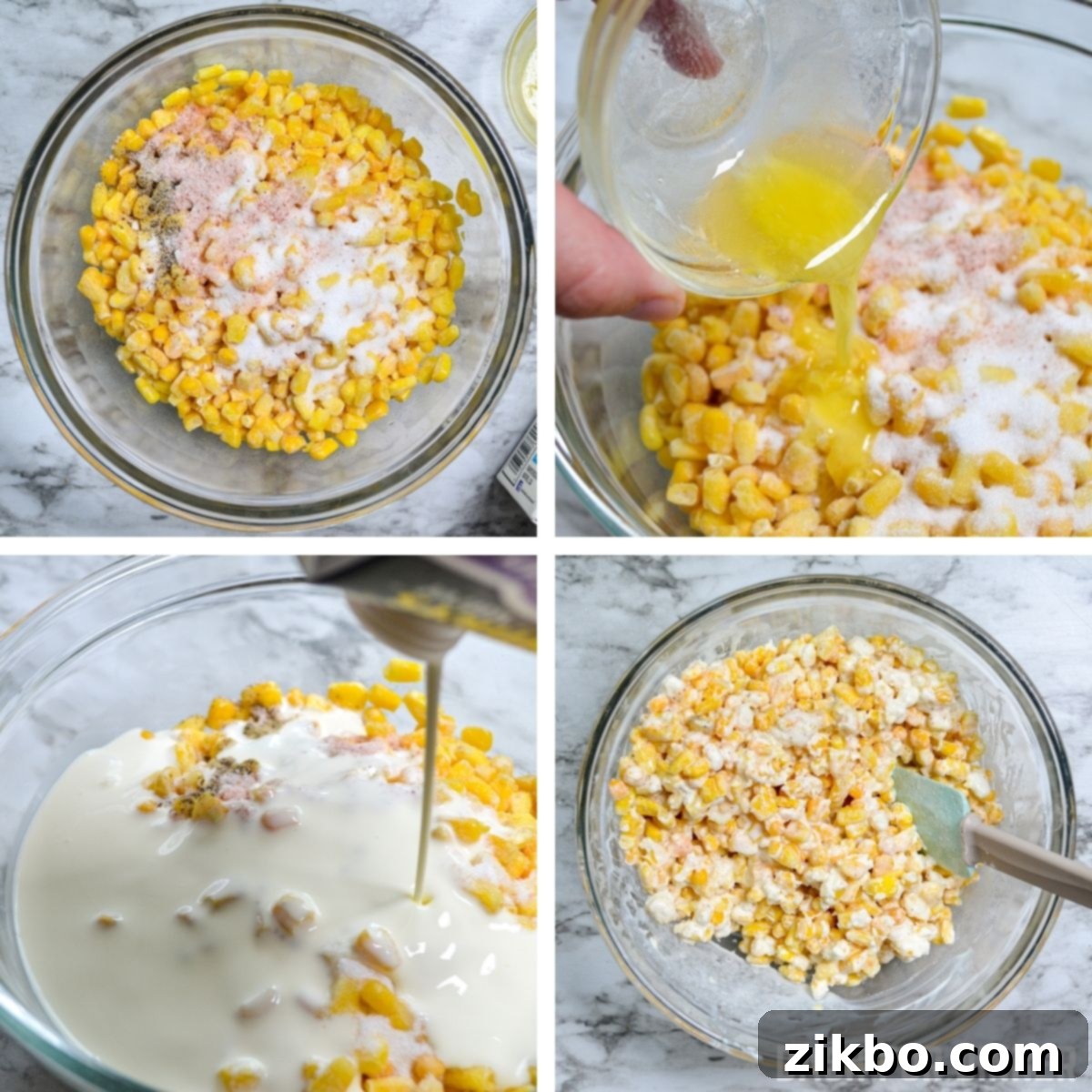 Illustrated steps on how to prepare Instant Pot creamed corn ingredients.