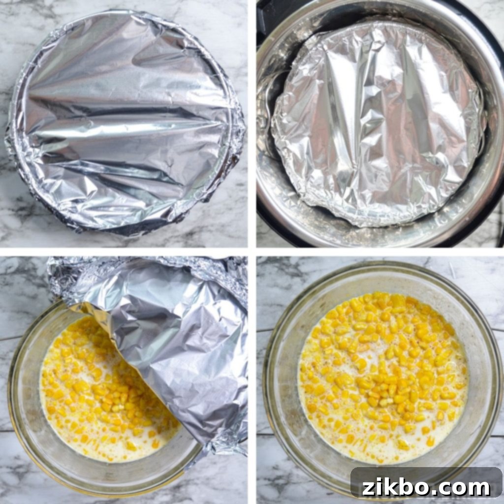 Close-up showing the pot-in-pot method in action for Instant Pot creamed corn preparation.