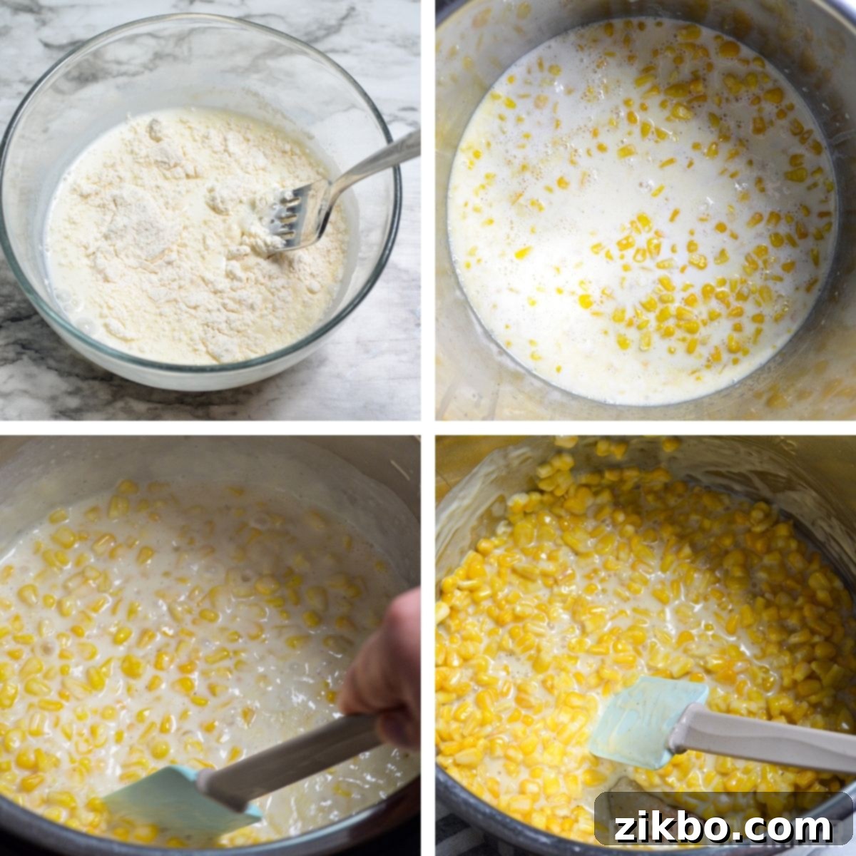 A hand whisking creamed corn in an Instant Pot to thicken it with milk and flour.