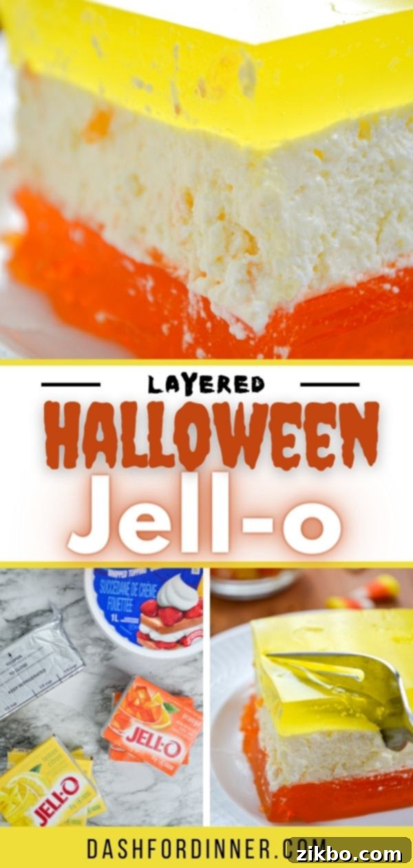 3 layers of Jell-O with a creamy Cool Whip and cream cheese center layer, perfect for Halloween.