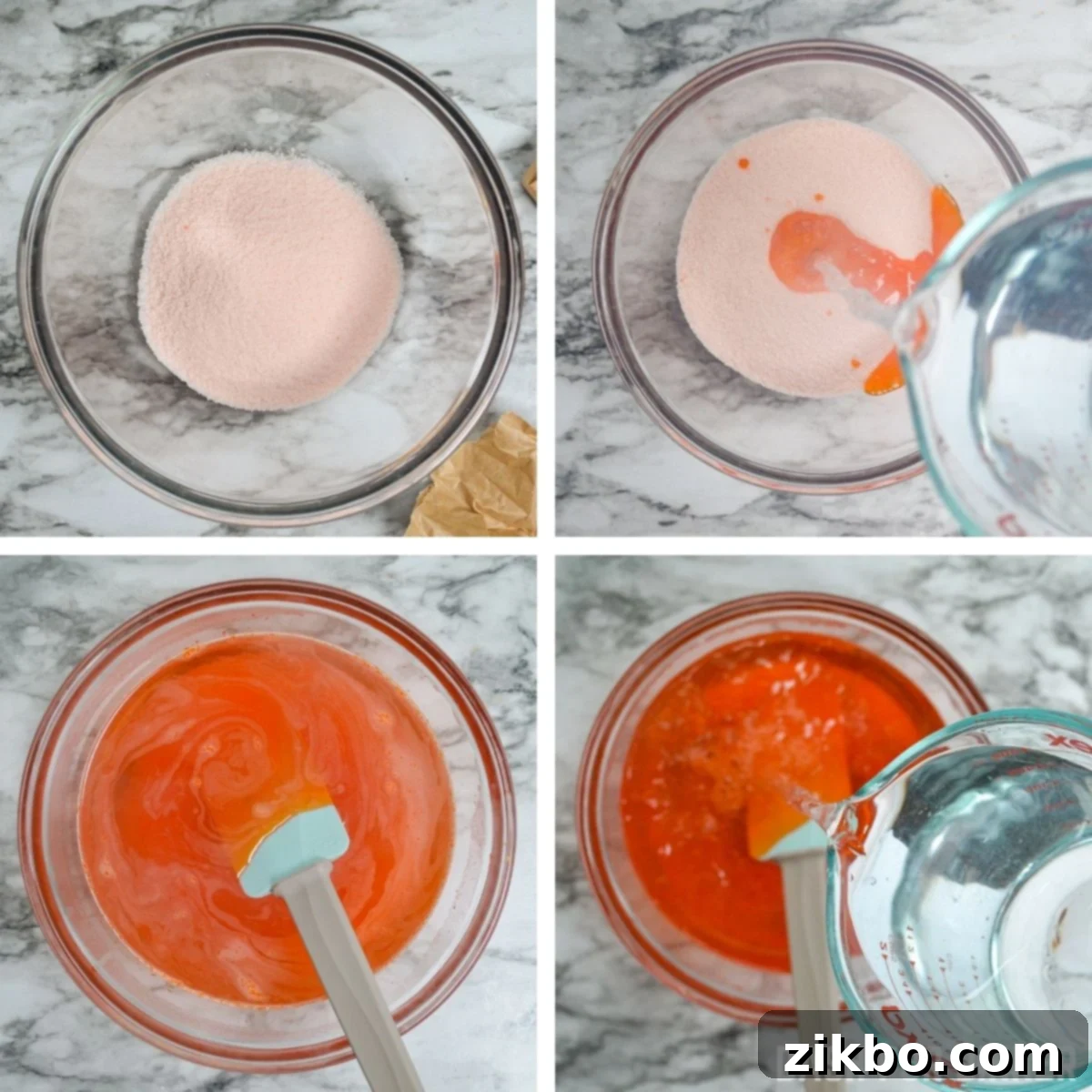 Step-by-step image showing how to prepare the orange Jell-O layer for a layered dessert.