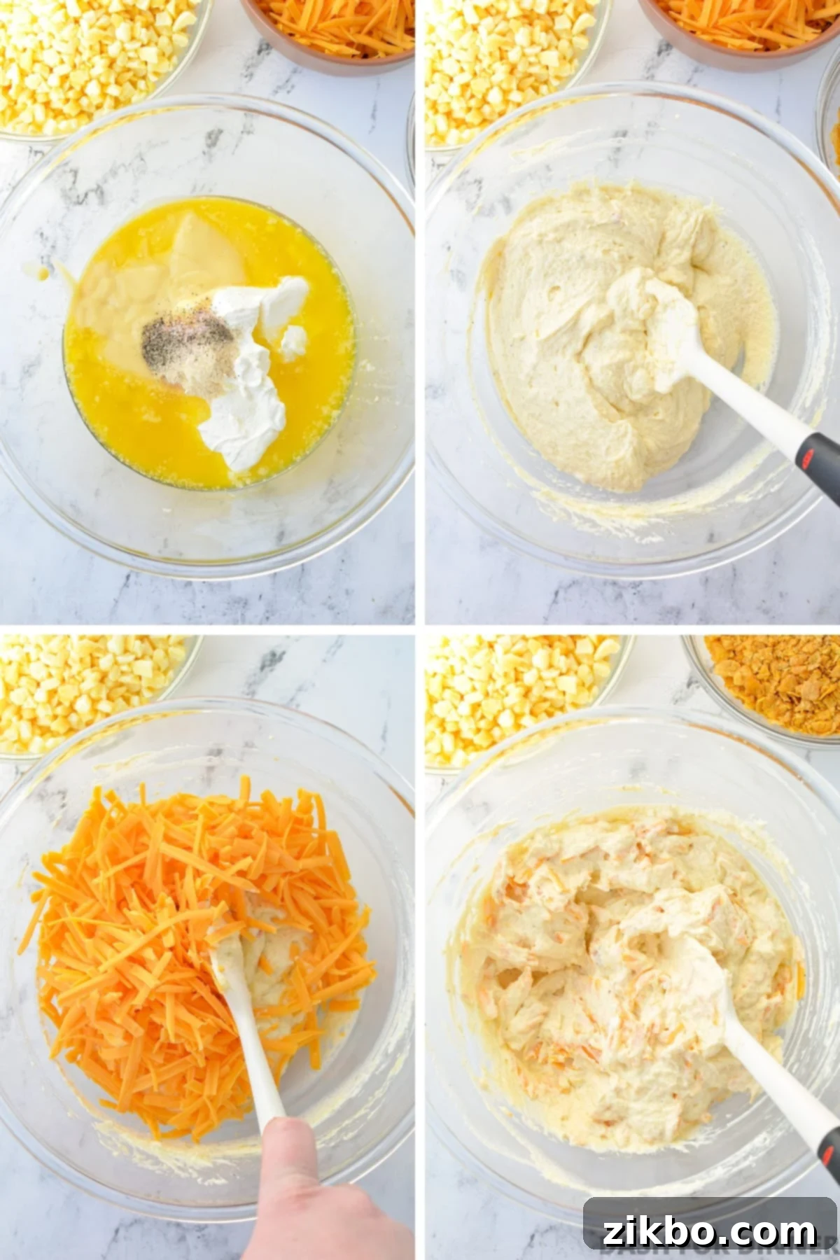 Adding butter and soup to a bowl, then folding in cheese.