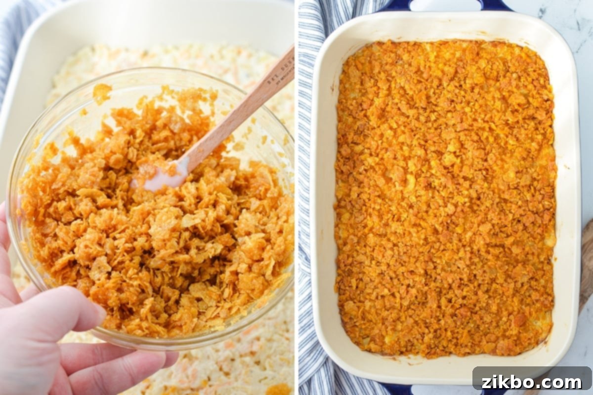 Adding crushed cornflakes on top of a casserole.