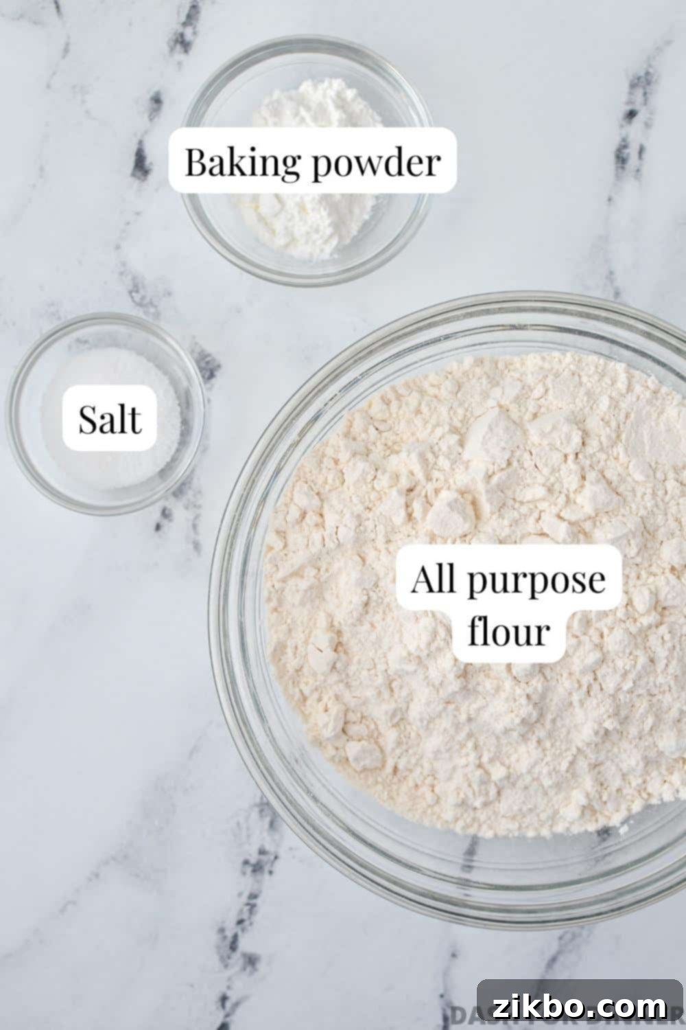 The three simple ingredients needed to make self-rising flour: all-purpose flour, baking powder, and salt.