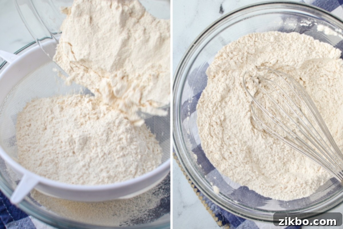 Adding the homemade self-rising flour mixture to a sifter over a large bowl.