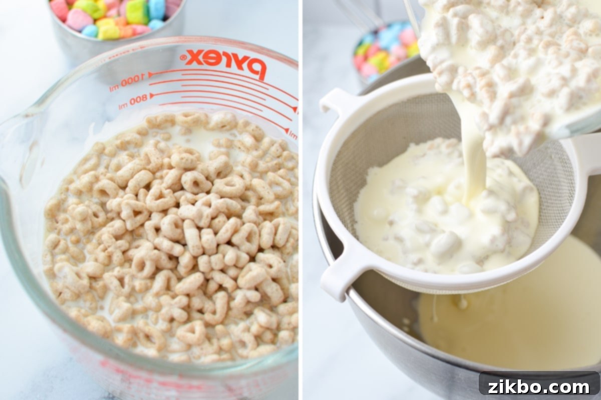Heavy cream infused with Lucky Charms cereal, being strained to separate the cereal pieces.