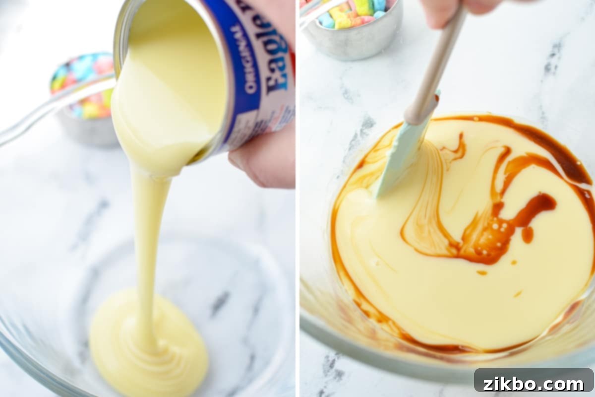 Sweetened condensed milk being whisked with vanilla extract in a bowl.