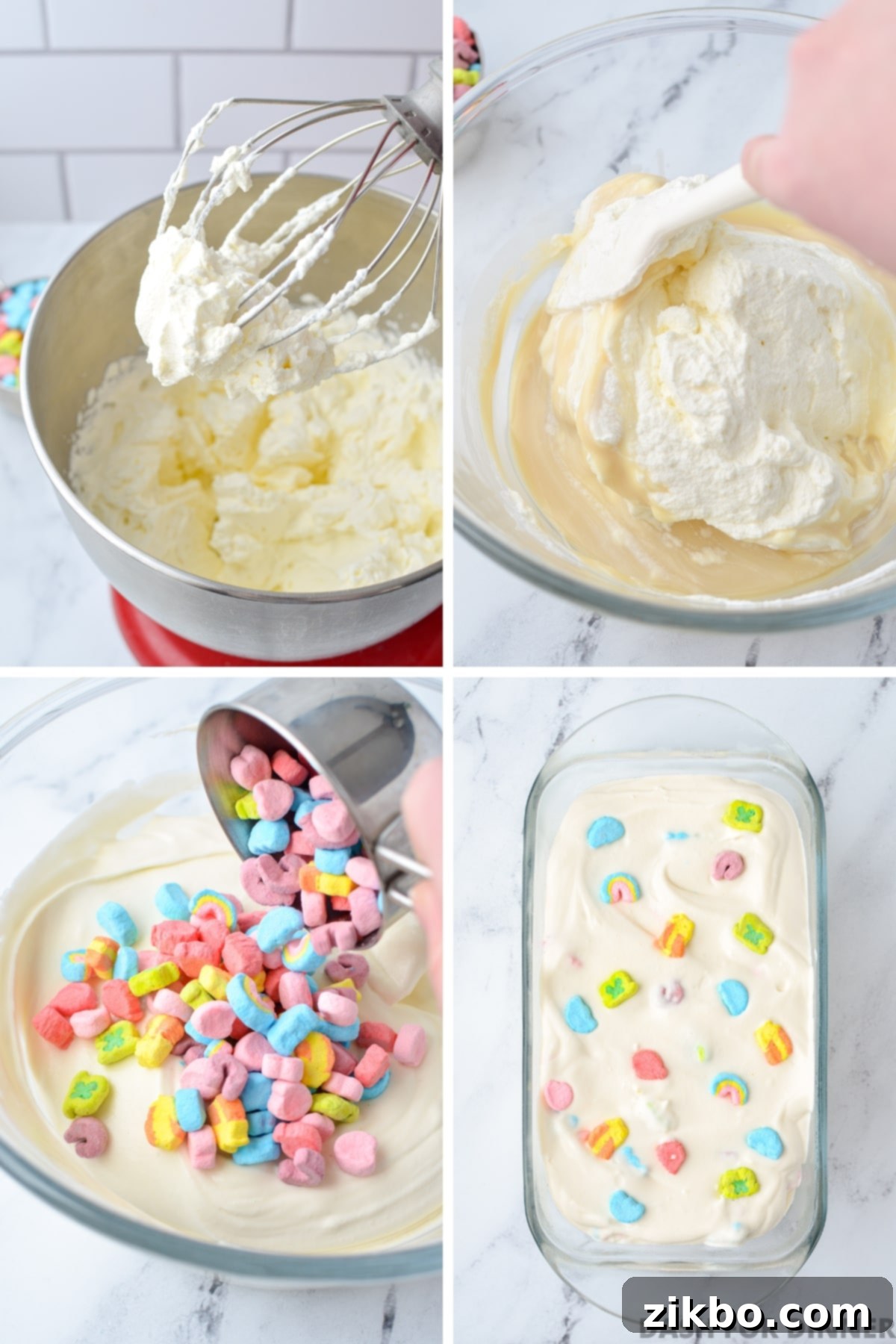 Whipping heavy cream and gently folding it into the ice cream base with colorful Lucky Charms marshmallows.