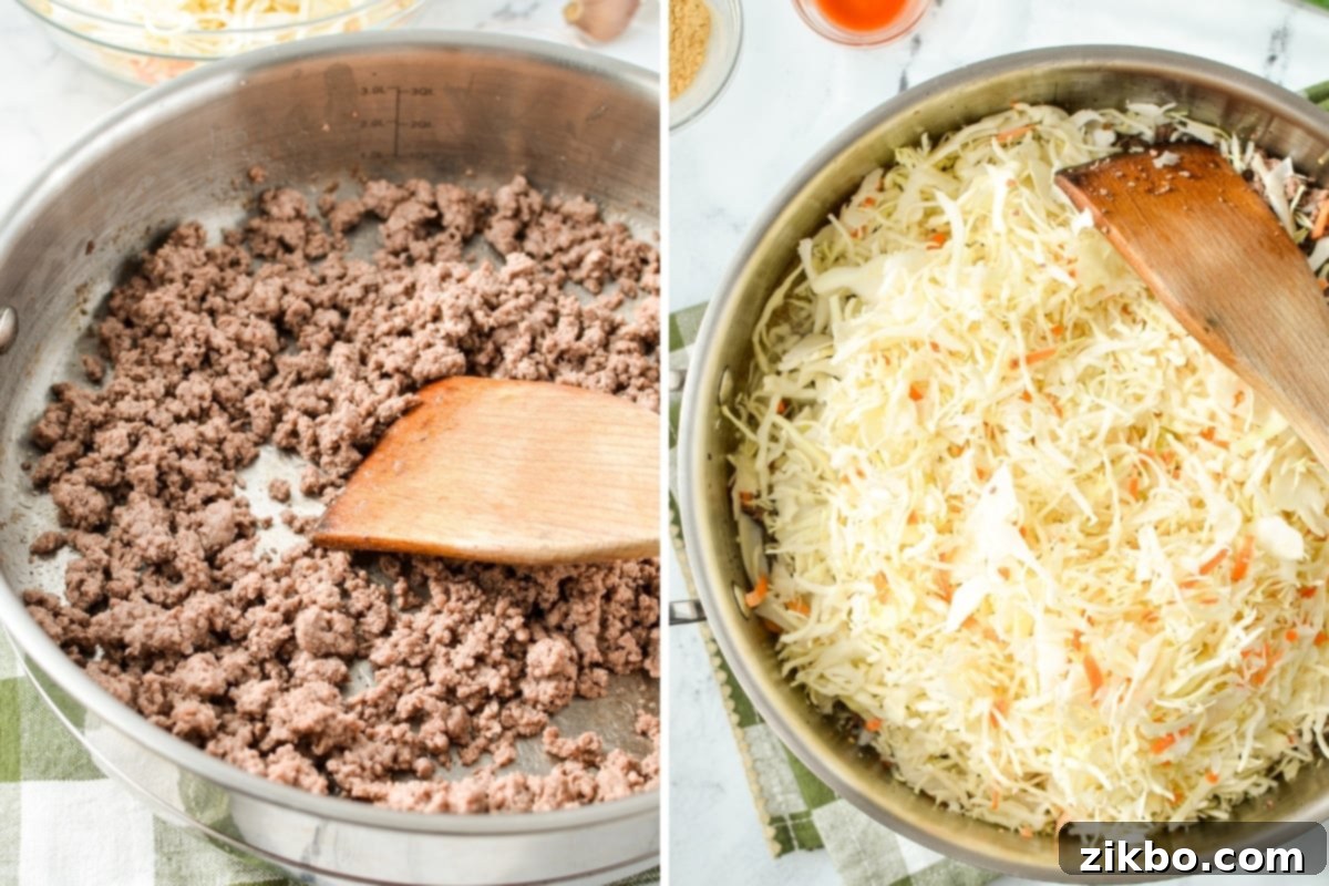 Adding coleslaw to ground beef and garlic in a large skillet, ready to be combined.