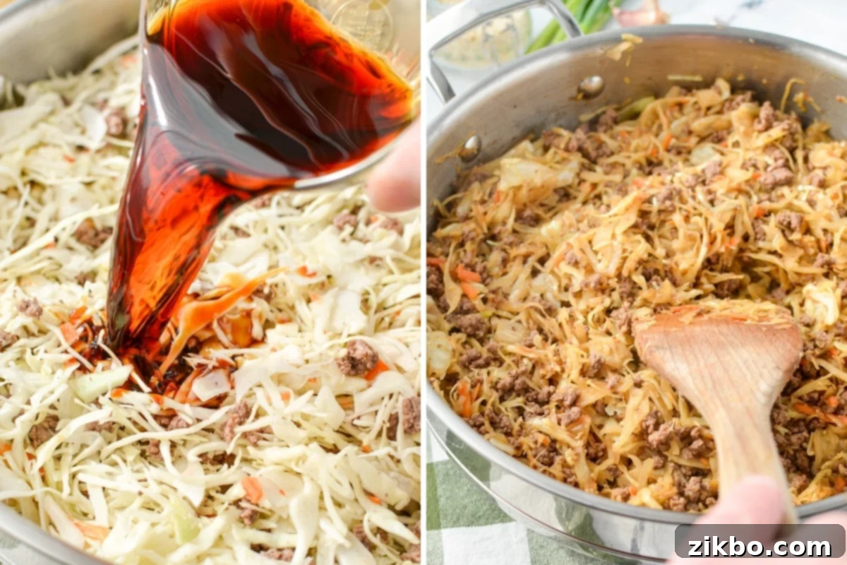 Adding soy sauce to the cabbage and ground beef mixture in a skillet, ensuring even coating.
