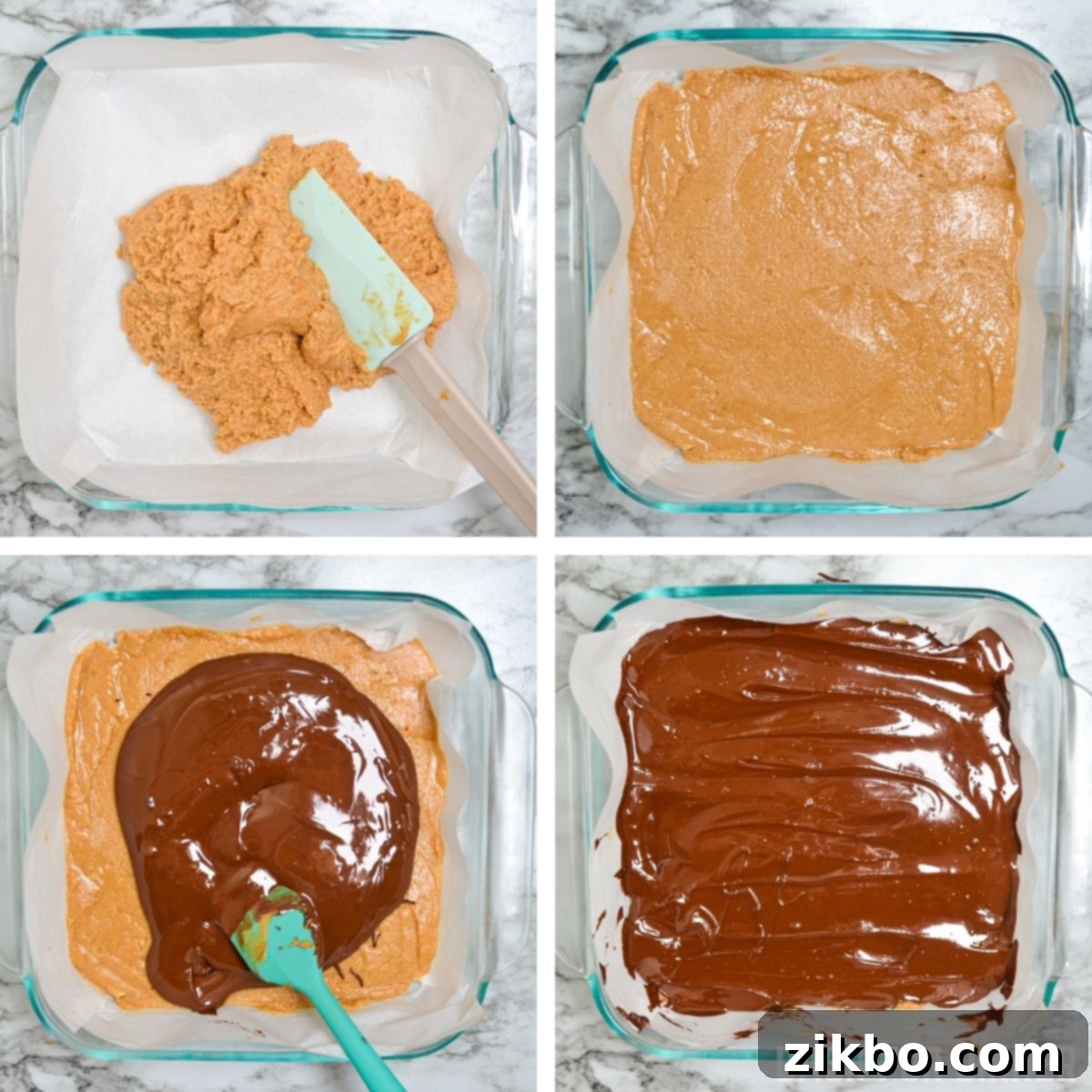 How to make peanut butter bars with a chocolate layer: the base is pressed into a baking dish, ready for the chocolate.