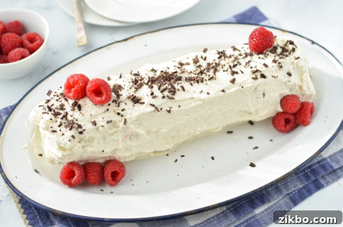 A whipped cream covered log cake, beautifully garnished with chocolate shavings and fresh raspberries, ready to be served.