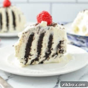 A slice of cake with distinct stripes of dark cocoa cake and light whipped cream, ready to eat.