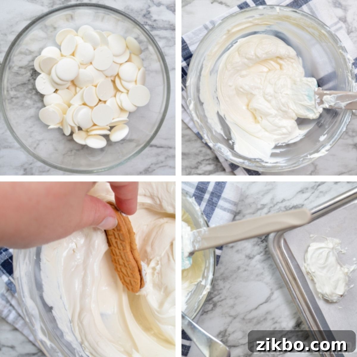 Close-up of melted white candy coating in a bowl, ready for dipping cookies.