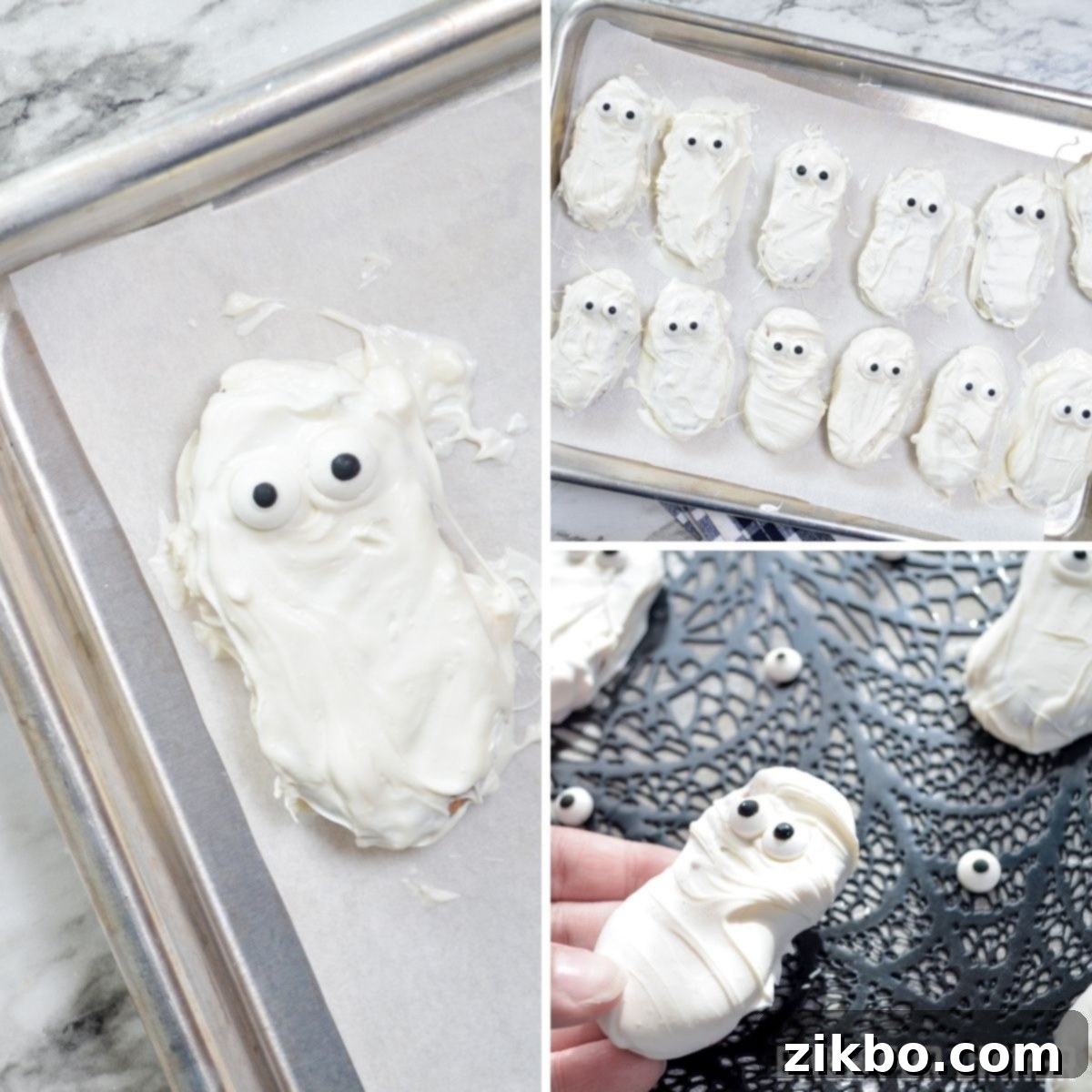 A Nutter Butter cookie being dipped into white candy coating to make a ghost.