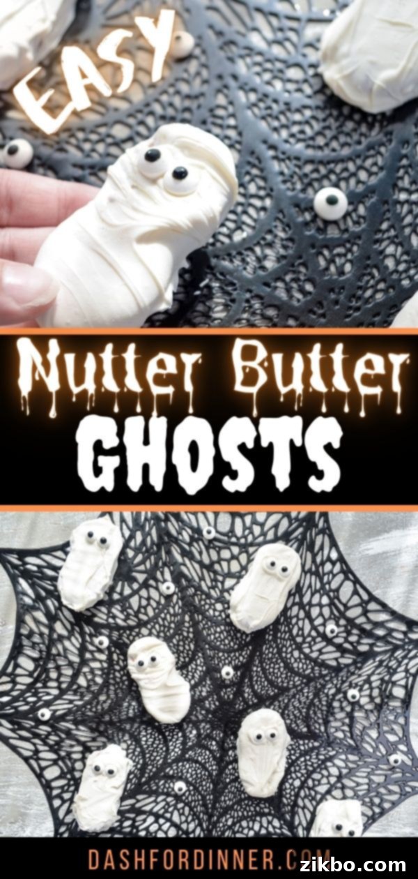 Easy Nutter Butter Ghosts social media graphic, featuring finished cookies.