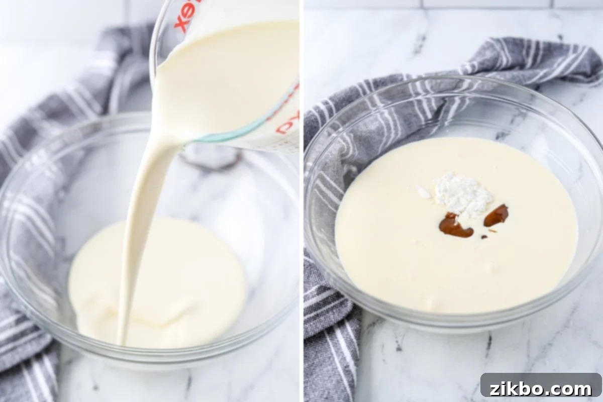 Adding cold heavy cream to a large mixing bowl, ready for whipping.