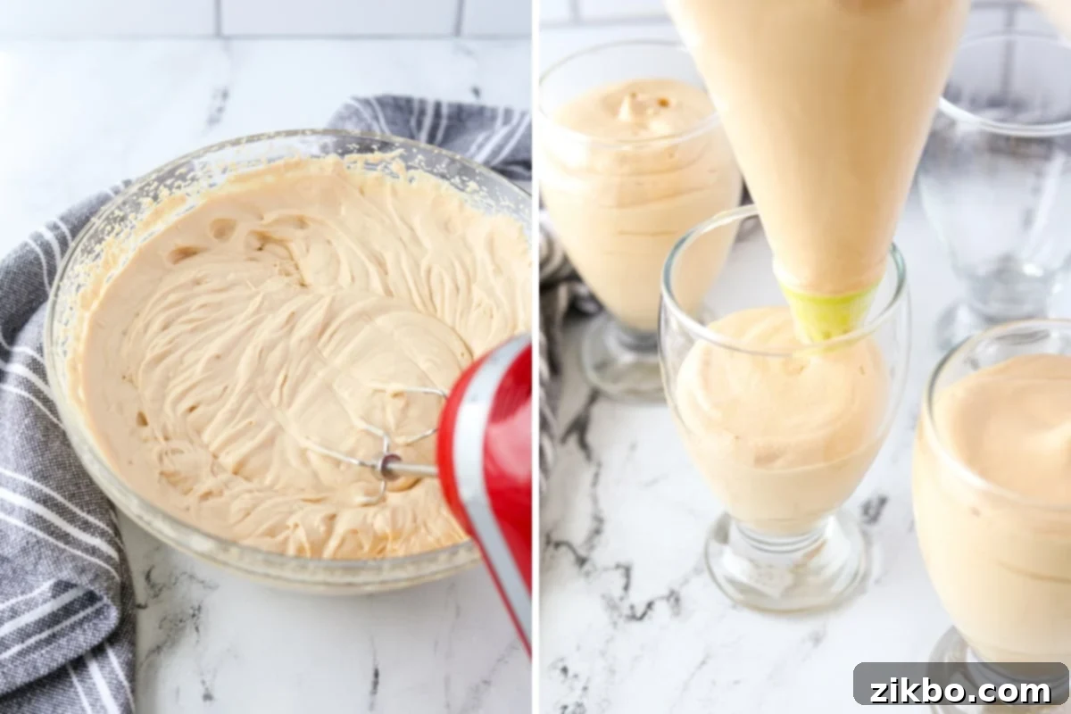 Piping the freshly made dulce de leche mousse into small glass dessert jars for an elegant presentation.