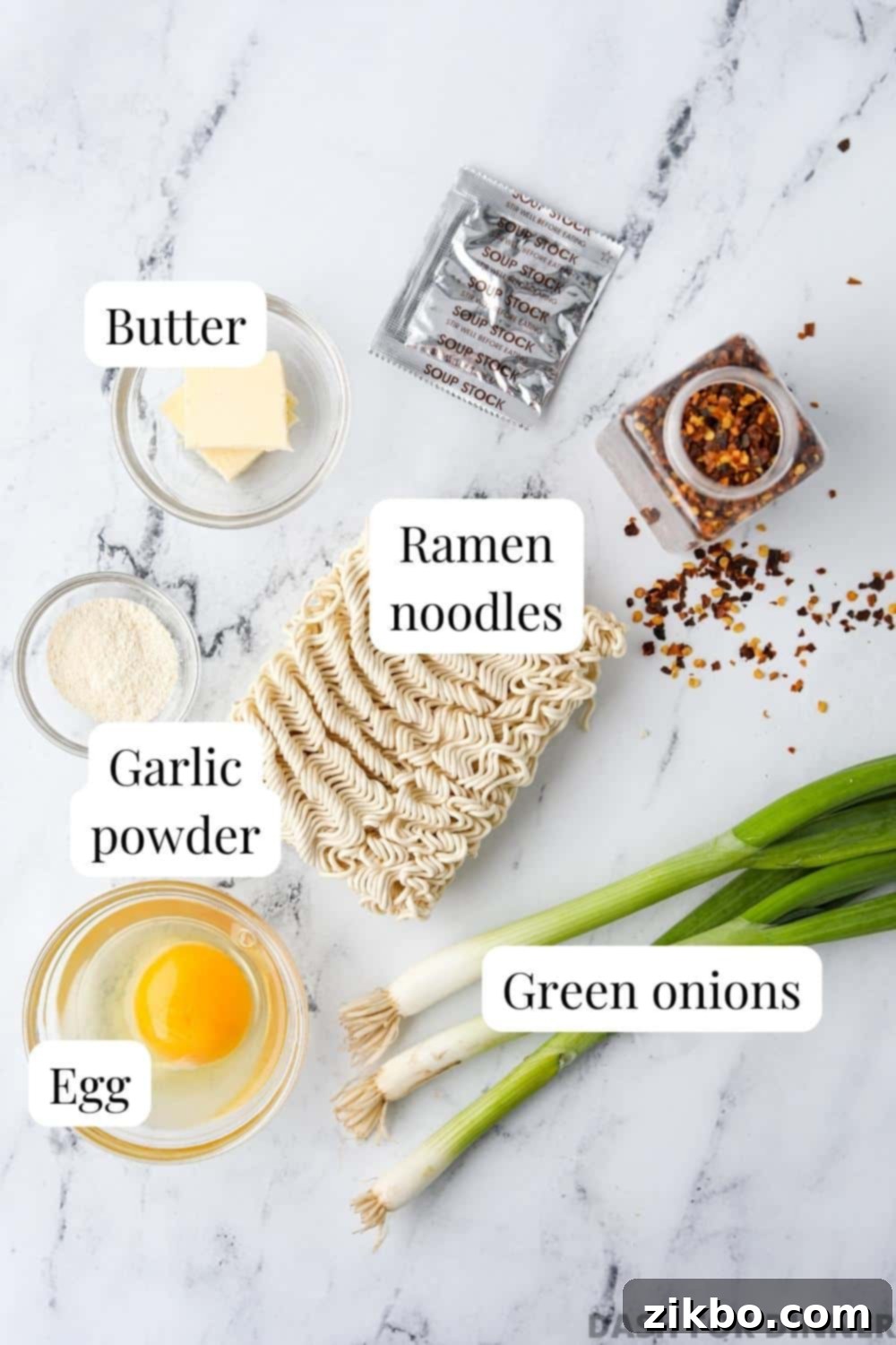 Kylie Jenner's Viral Ramen Hack 3 The ingredients needed to make Kylie's ramen: egg, butter, garlic powder, and ramen noodles.