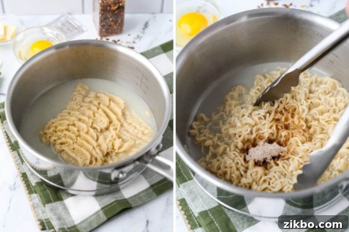 Kylie Jenner's Viral Ramen Hack 4 A pot of ramen noodles with seasoning being added in.