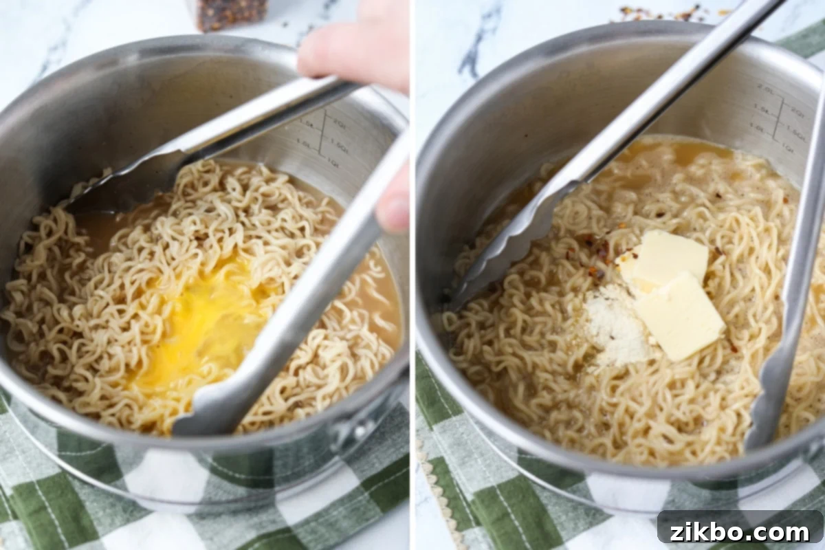 Kylie Jenner's Viral Ramen Hack 5 Stirring egg, butter, and garlic powder into ramen noodles.