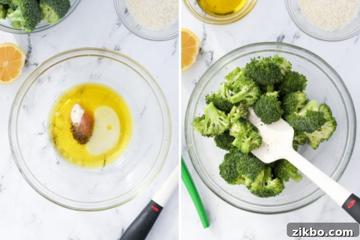 Crispy Roasted Broccoli and Potatoes 6 Adding seasonings to olive oil and lemon juice, then tossing with broccoli florets to coat them evenly.