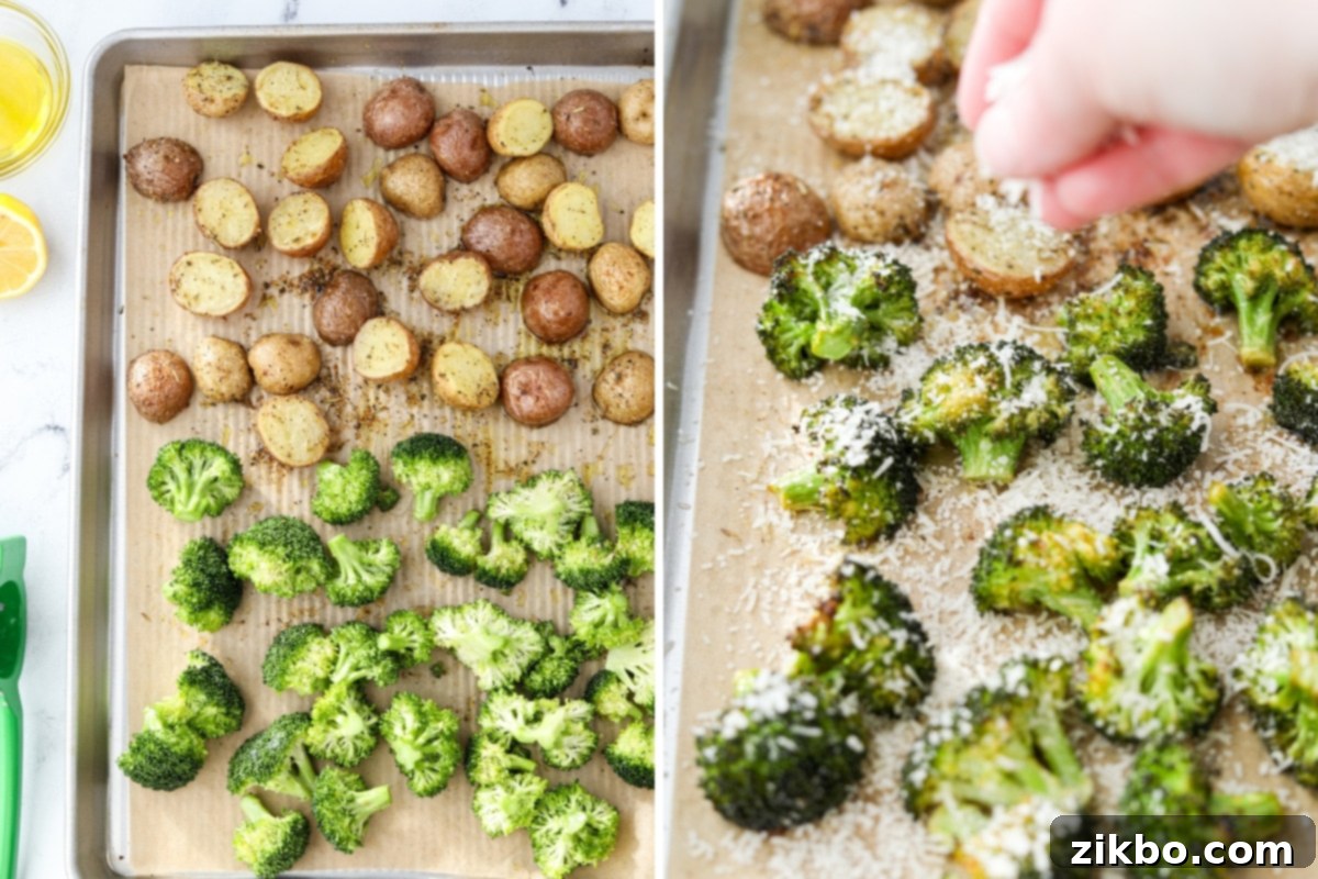 Crispy Roasted Broccoli and Potatoes 7 Adding seasoned broccoli to the sheet pan alongside the partially roasted potatoes, ready to return to the oven. Optionally, a sprinkling of parmesan cheese is shown.