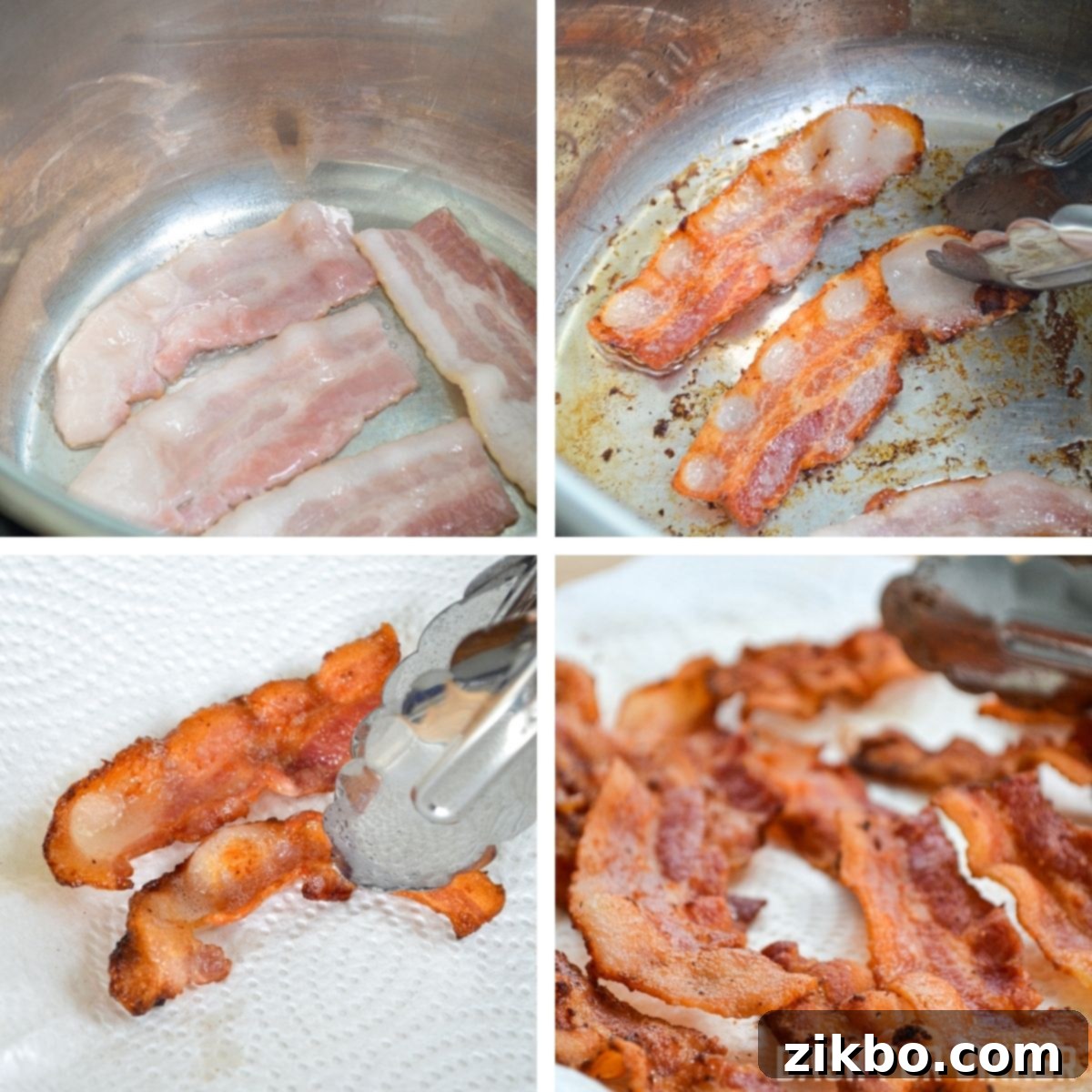 Close-up of bacon cooking and crisping inside an Instant Pot on the sauté setting.