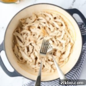 A Dutch Oven with two forks and shredded chicken.