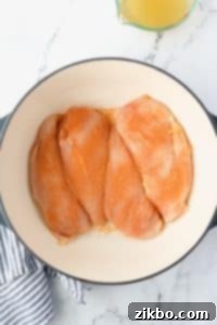 A Dutch Oven with four seasoned chicken breasts.