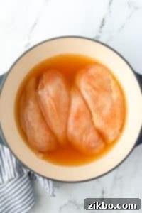 A Dutch Oven with broth-covered chicken breasts.
