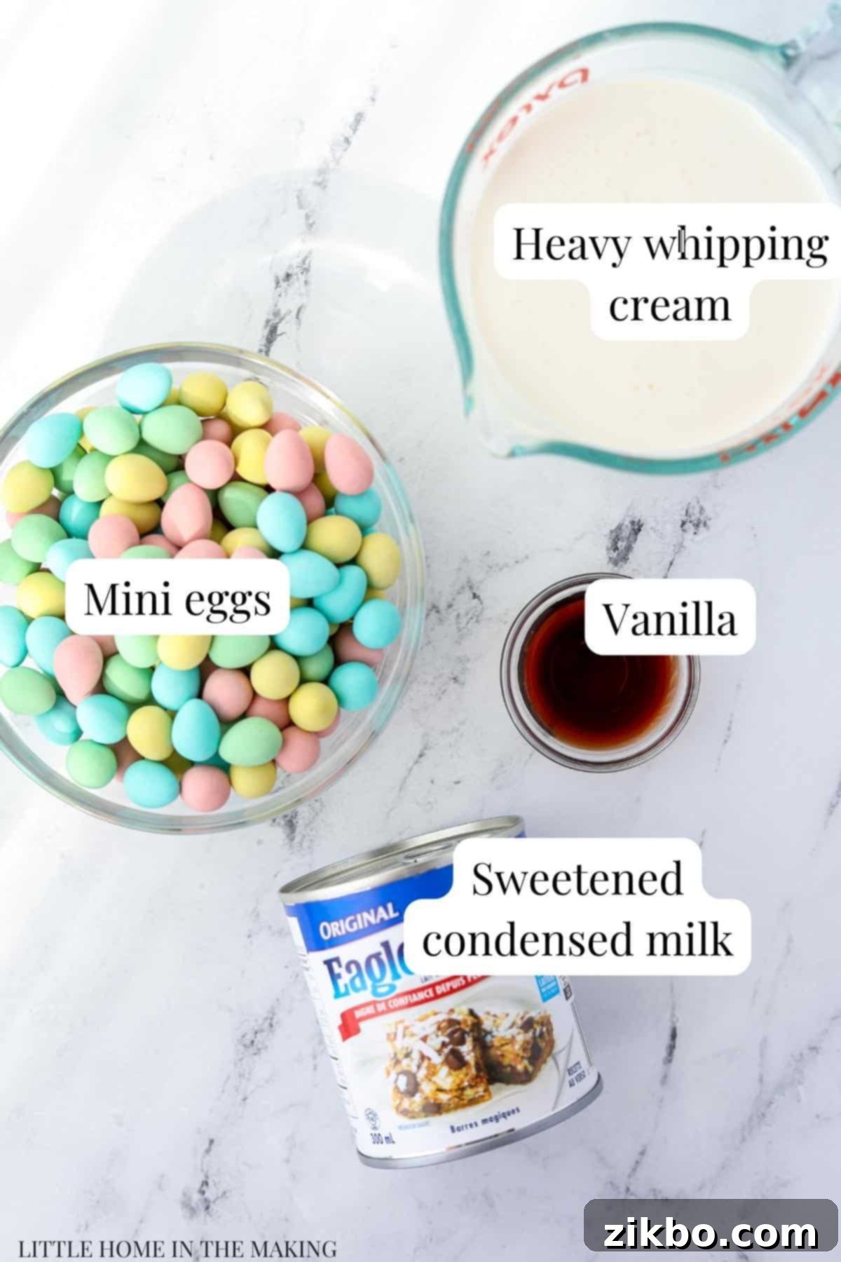 Pastel Egg Crunch Ice Cream 3 The simple, essential ingredients needed to craft homemade Easter ice cream: Cadbury Mini Eggs, heavy cream, sweetened condensed milk, and vanilla extract.