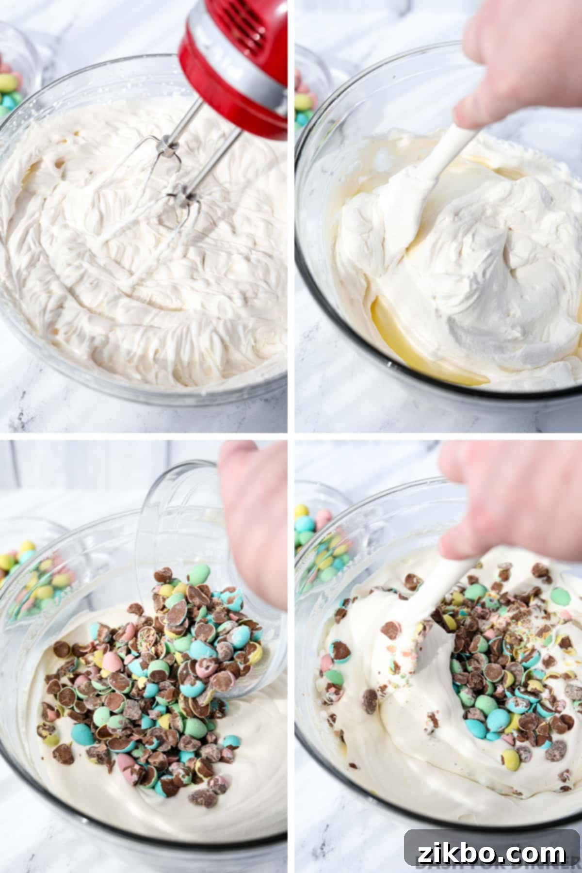 Pastel Egg Crunch Ice Cream 5 A close-up of whipped cream in a bowl, with crushed Cadbury Mini Eggs being added, ready to be folded into the ice cream base.