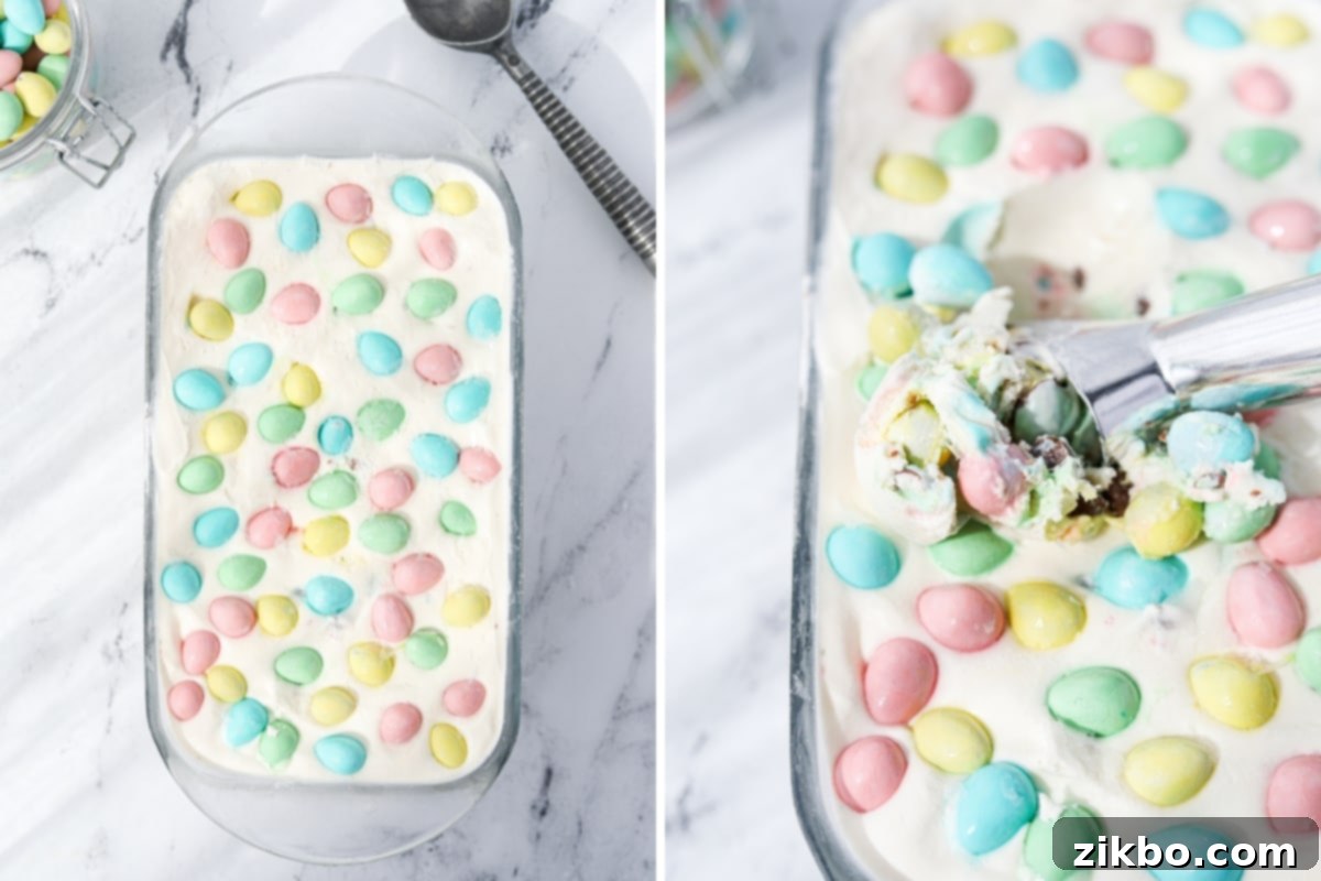Pastel Egg Crunch Ice Cream 6 A loaf pan filled with creamy homemade Mini Egg Ice Cream, perfectly smoothed and topped with a scattering of whole mini eggs.