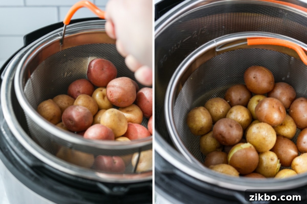 Placing a steamer basket of potatoes in an Instant Pot.