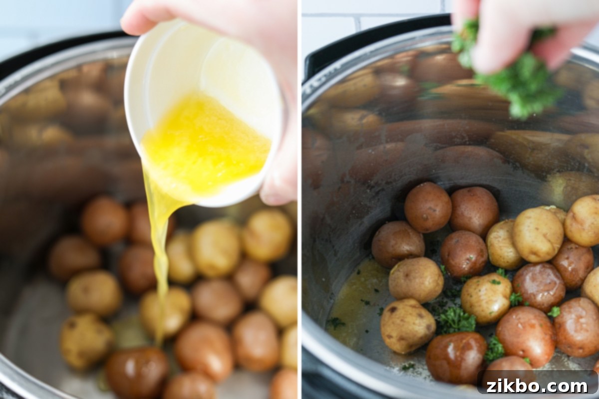 Adding butter and parsley to baby potatoes.