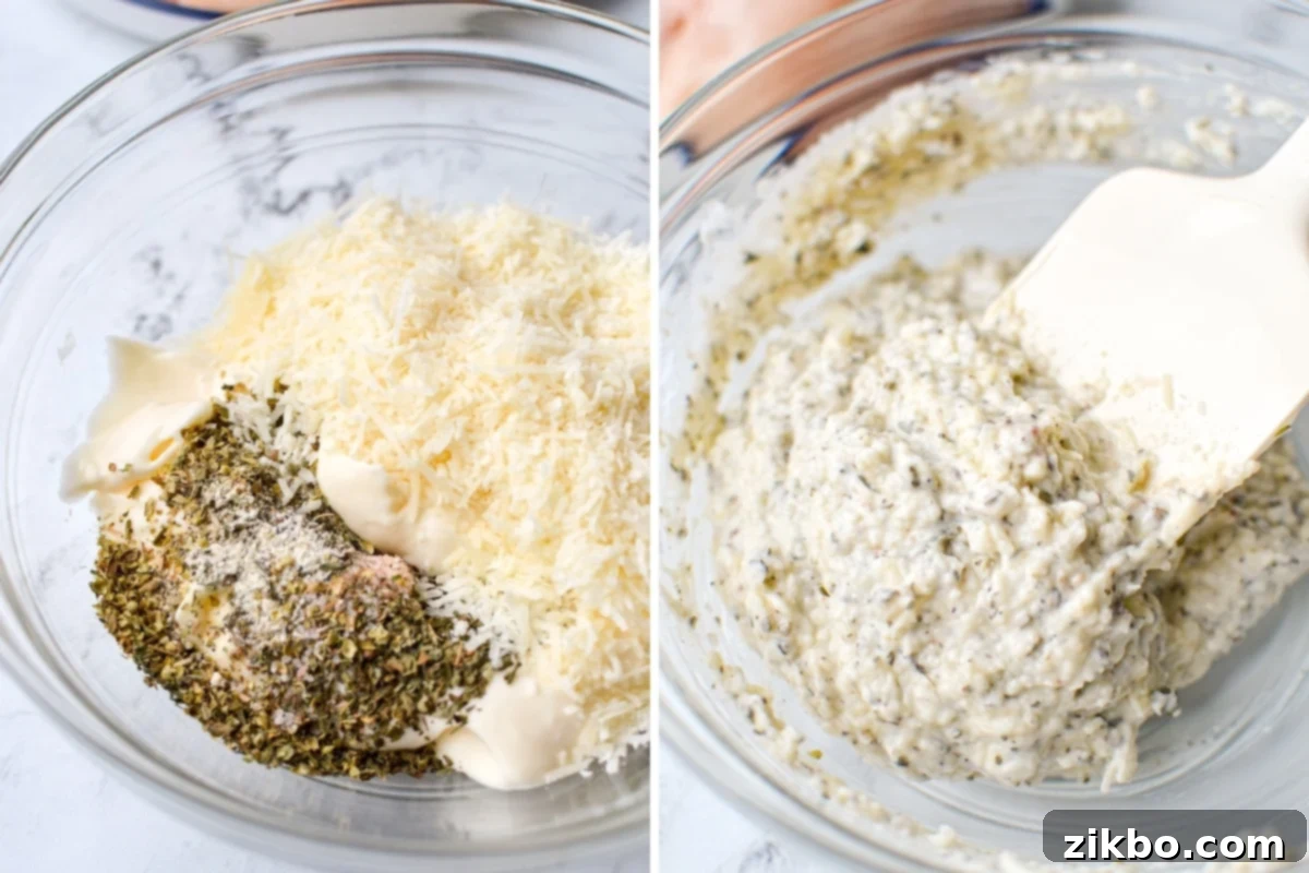 Creamy Parmesan Chicken 4 Mixing creamy mayonnaise, aromatic seasonings, and grated parmesan cheese together in a small bowl to create the chicken topping.