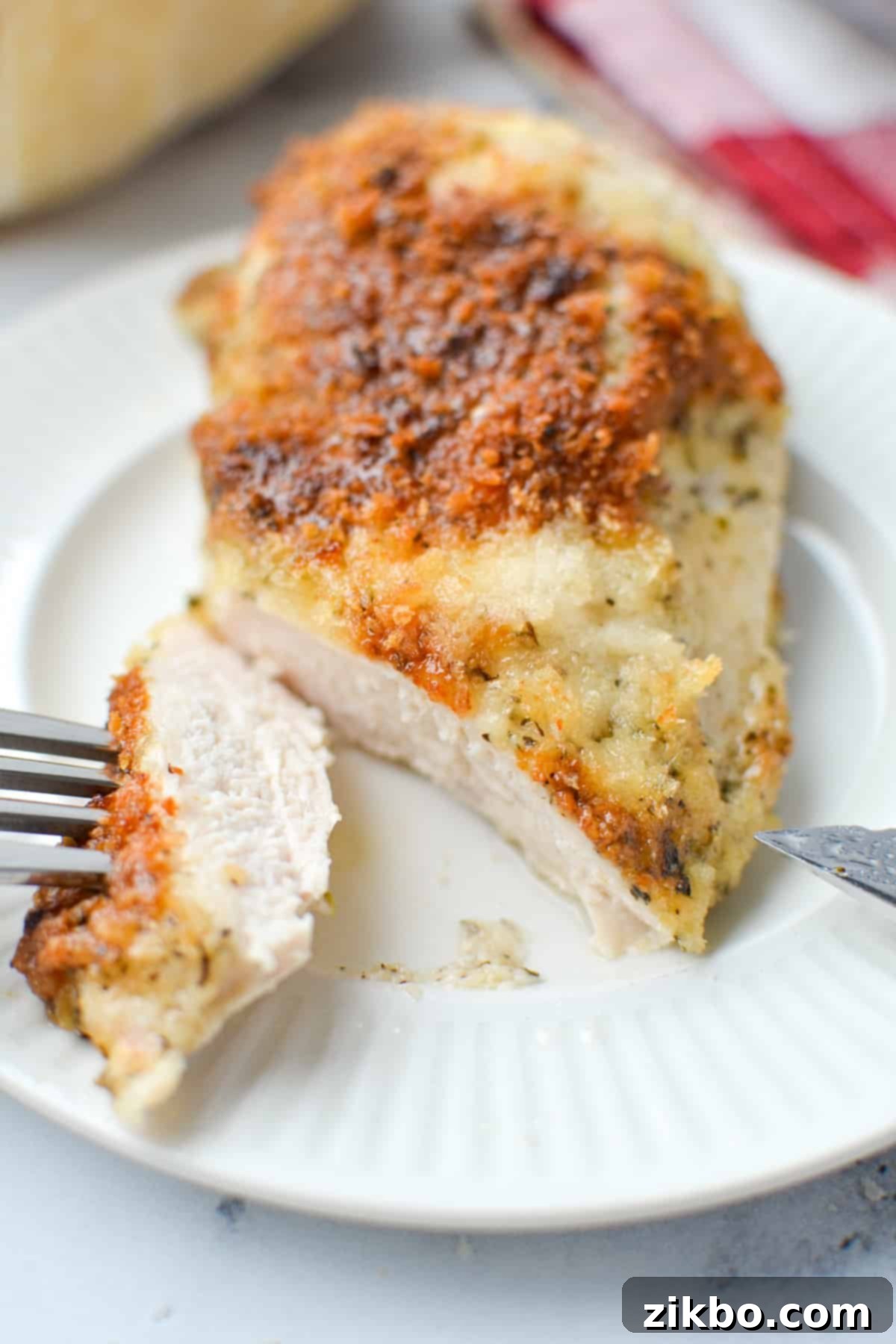 Creamy Parmesan Chicken 6 A perfectly cooked mayo parmesan chicken breast, golden brown and glistening, ready to be served.