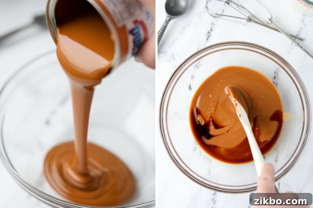 Decadent Dulce de Leche Ice Cream 4 Pouring a can of dulce de leche into a large mixing bowl.