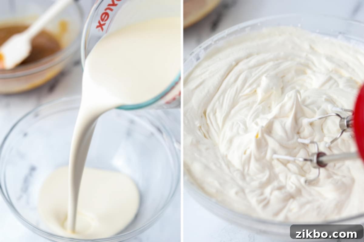 Decadent Dulce de Leche Ice Cream 5 Pouring heavy cream into a separate bowl, followed by an image of the cream whipped to stiff peaks.