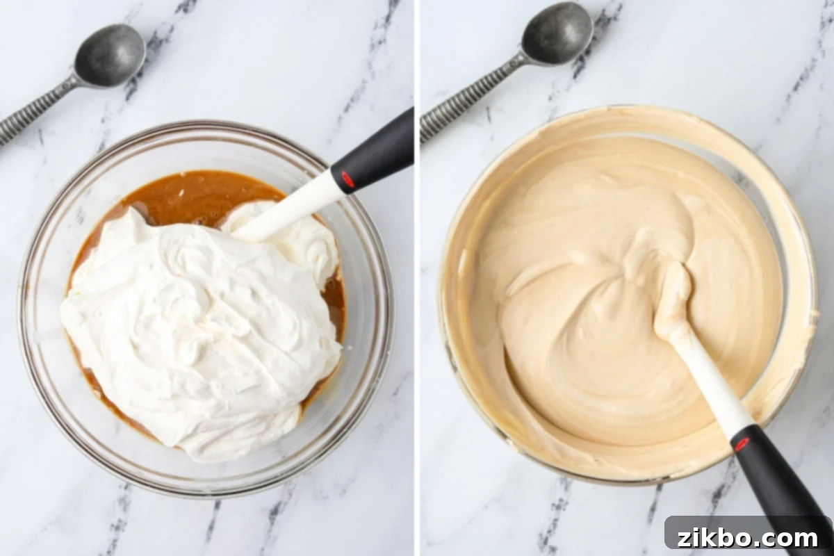 Decadent Dulce de Leche Ice Cream 6 A bowl containing the unfrozen ice cream base, showing the combined dulce de leche and whipped cream.