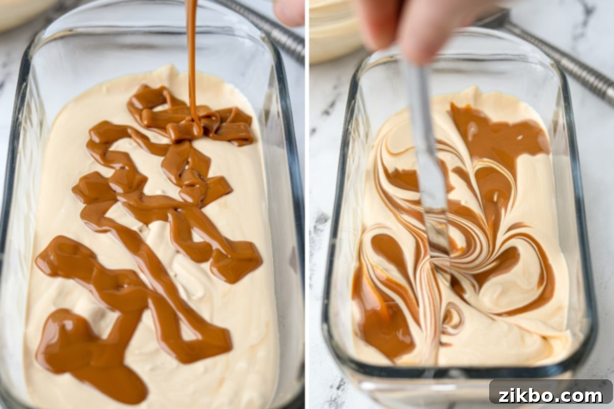 Decadent Dulce de Leche Ice Cream 7 Drizzling additional dulce de leche onto the first layer of ice cream base in a loaf pan.