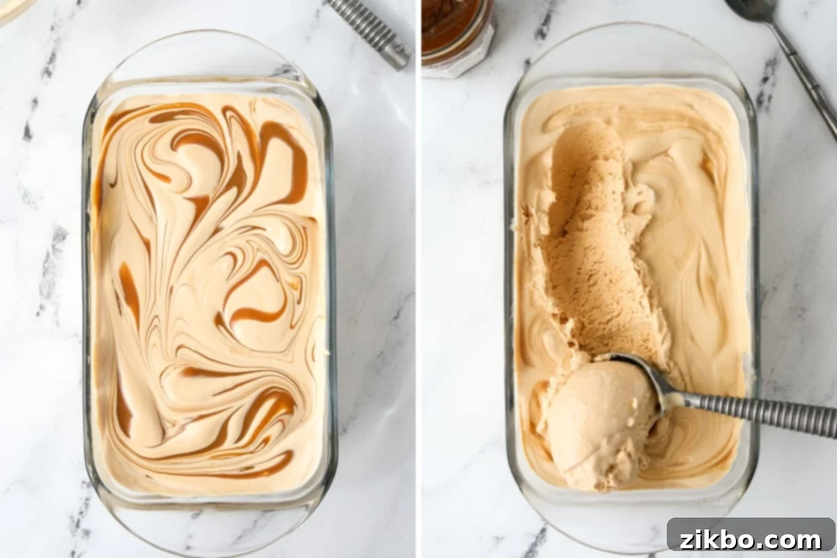 Decadent Dulce de Leche Ice Cream 8 A loaf pan with the caramel ice cream base and dulce de leche swirl ready for freezing.