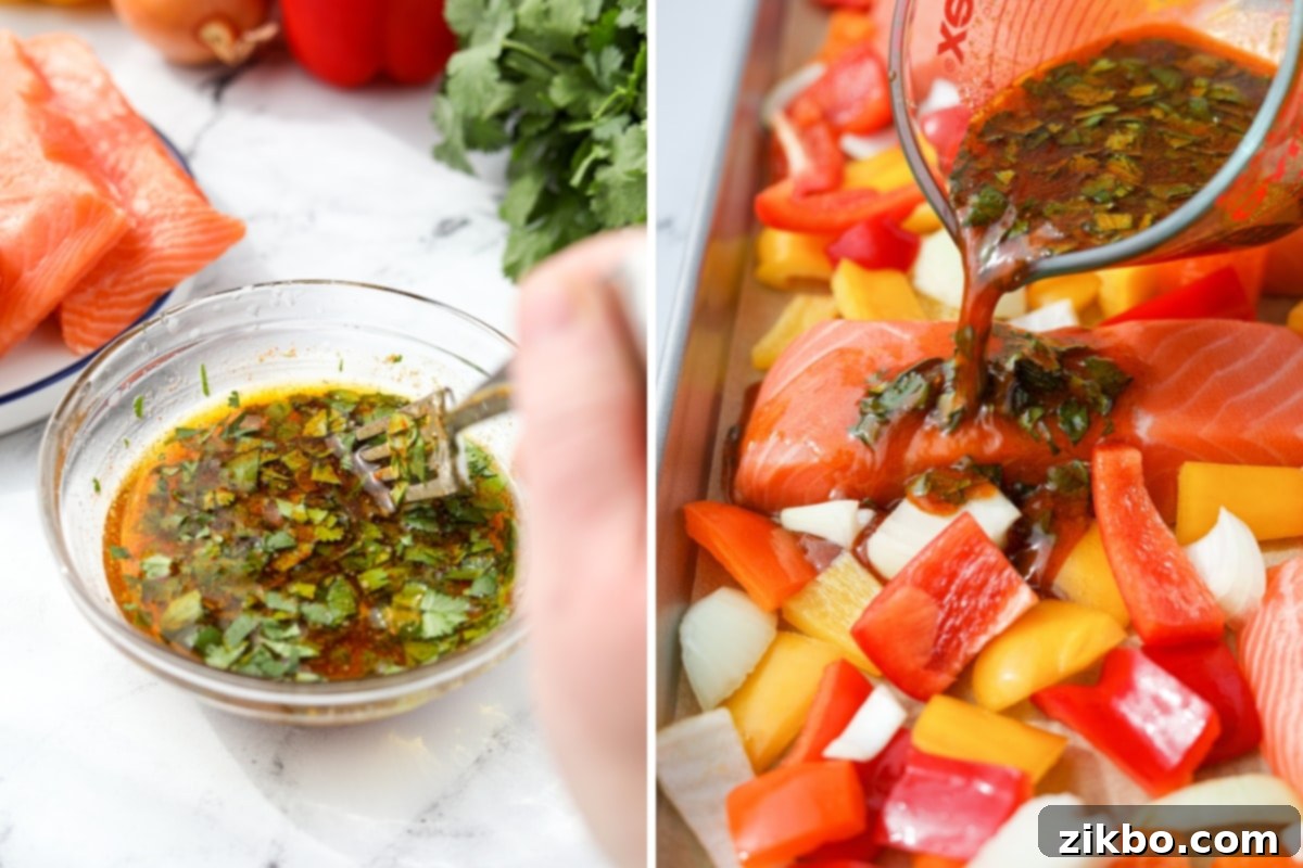 A small bowl with marinade ingredients being whisked, and the prepared marinade being poured over salmon and vegetables on a sheet pan.