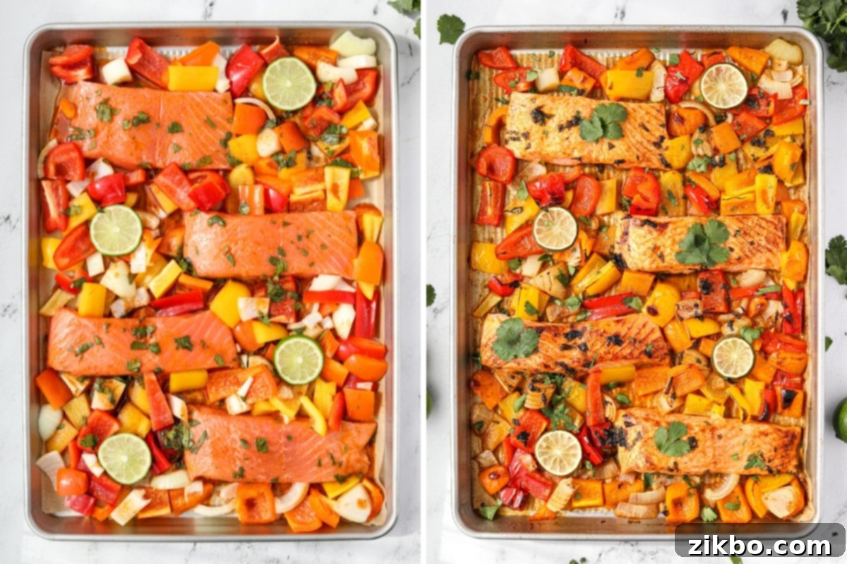 Sheet pans filled with salmon, colorful bell peppers, and fresh lime slices, all coated in the marinade, ready for broiling.