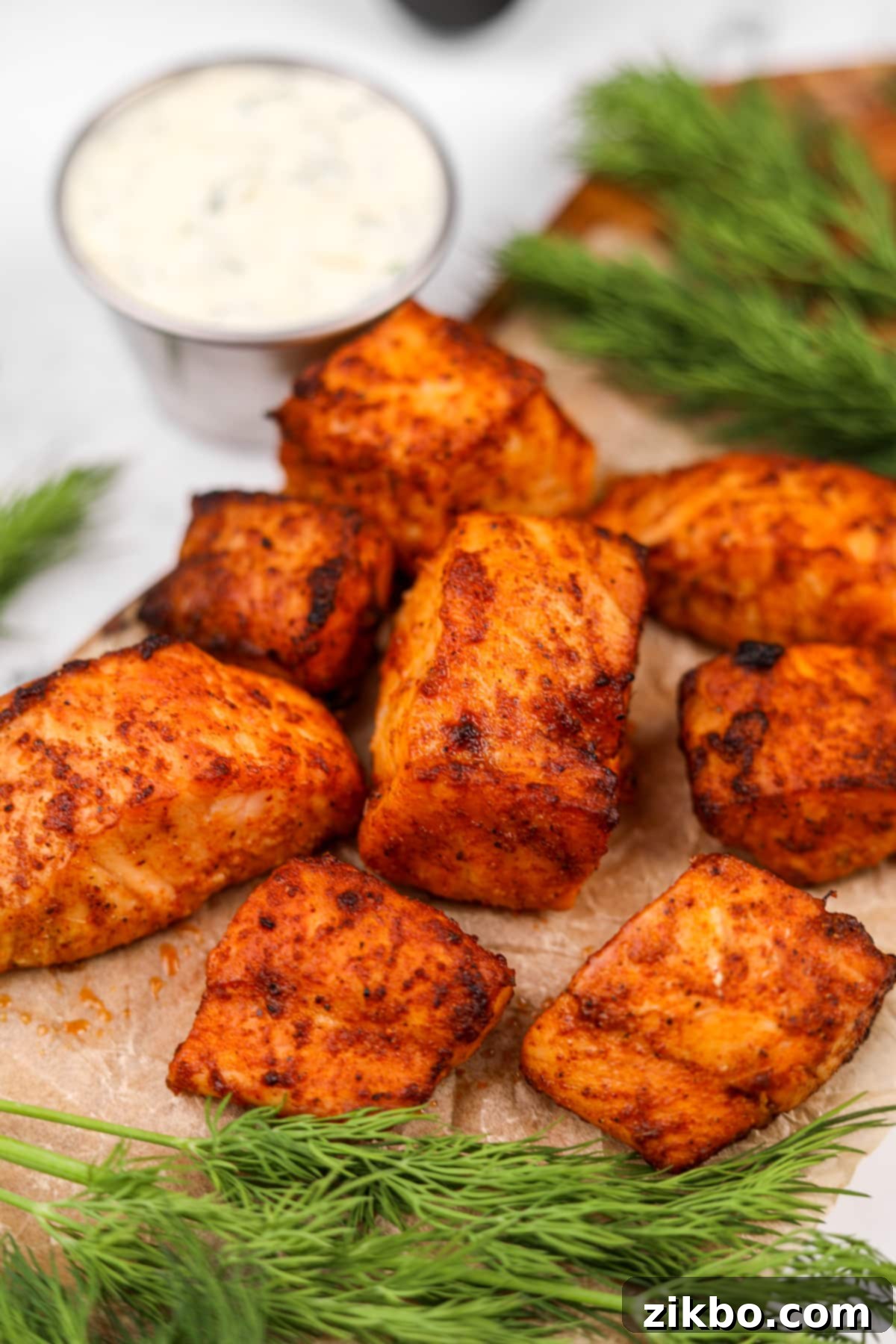Cooked salmon bites plated with a small bowl of creamy dill sauce in the background.