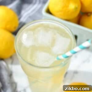 A glass of lemonade with a paper straw inserted into the glass, garnished with a lemon slice.