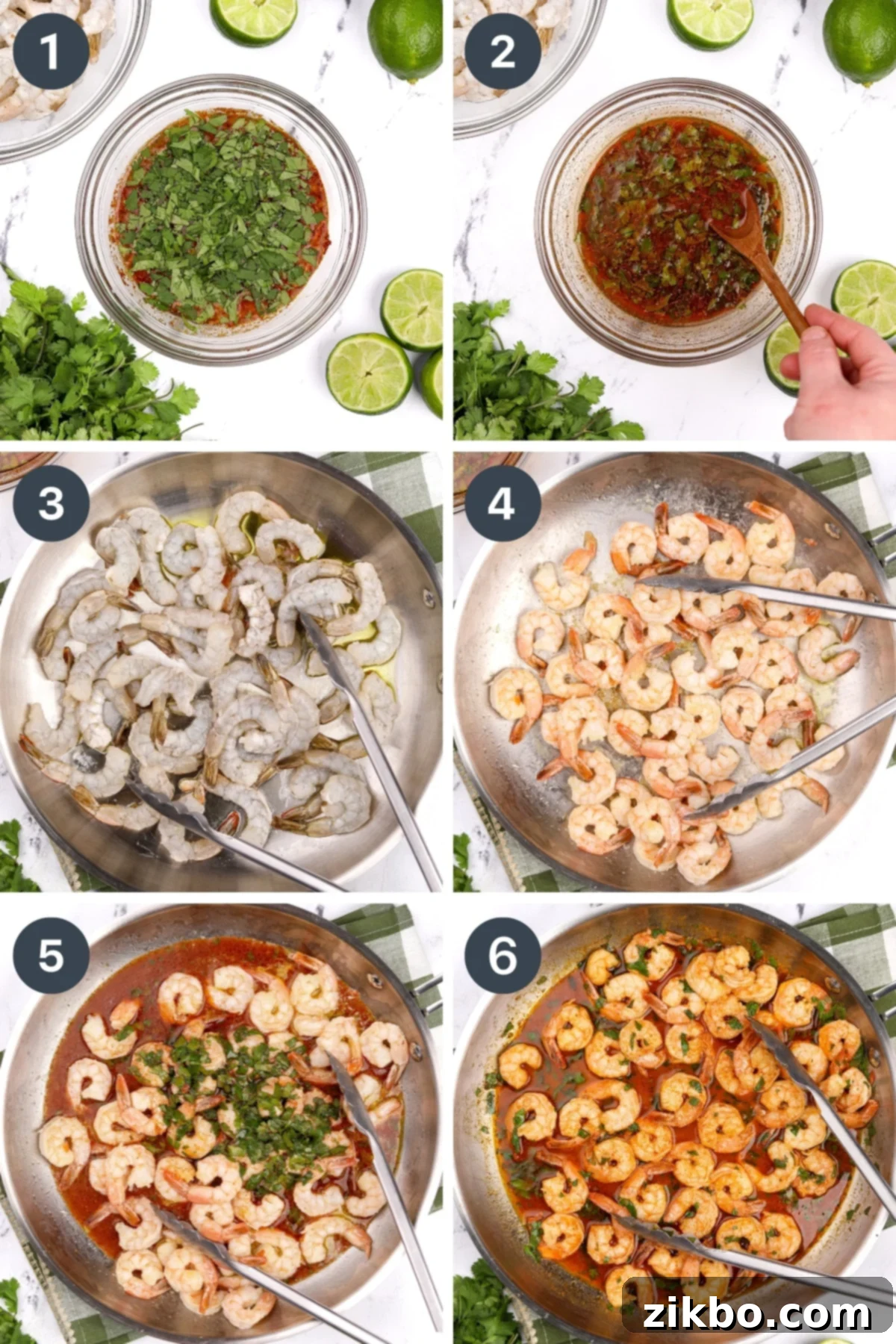 Adding a homemade cilantro lime sauce to cooked shrimp in a skillet.