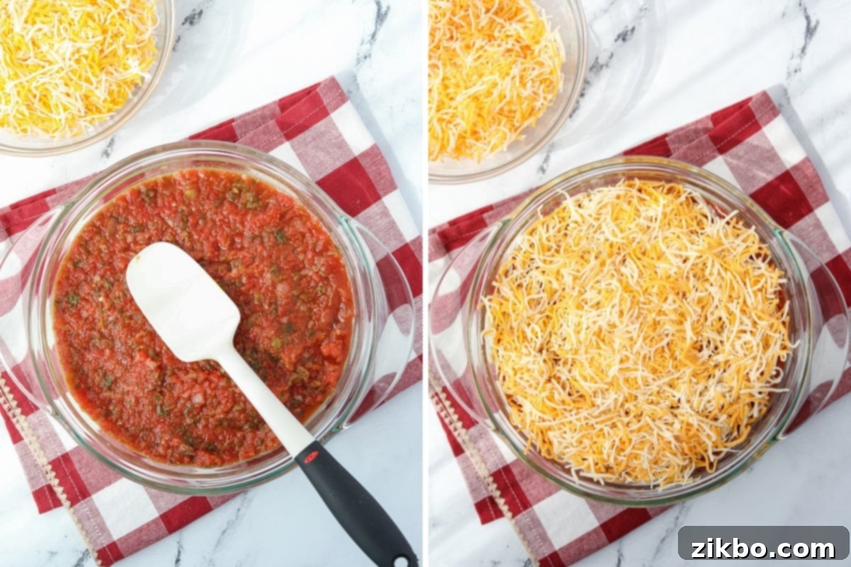 Spreading salsa and cheese in a baking dish.